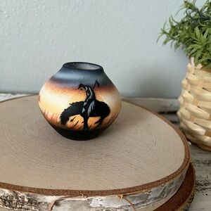 Vintage Navajo Pottery 3.5" Vase "End of the Trail" Horse Warrior Eagle Signed